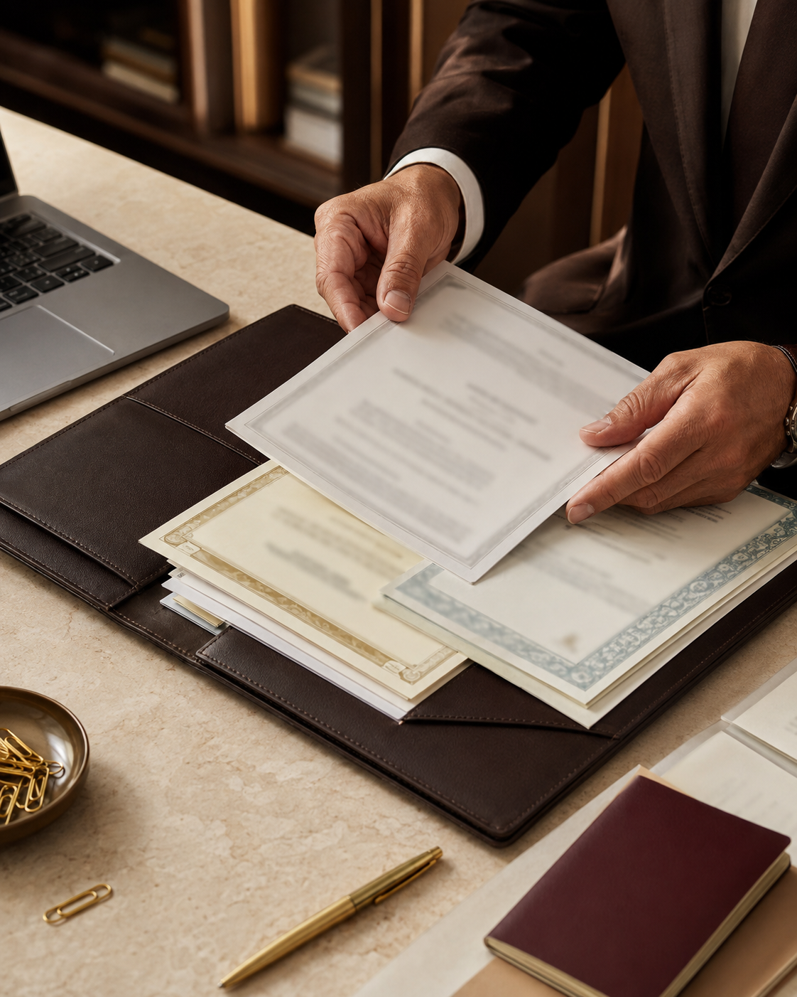 Profissional organizando documentos internacionais